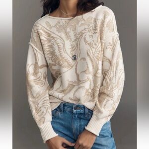 Anthropologie Pegasus Unicorn Woven Cotten Blend Cream & Tan Sweater NWT Size Sm